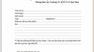 MẪU ĐƠN XIN BẢO LƯU KẾT QUẢ HỌC TẬP 